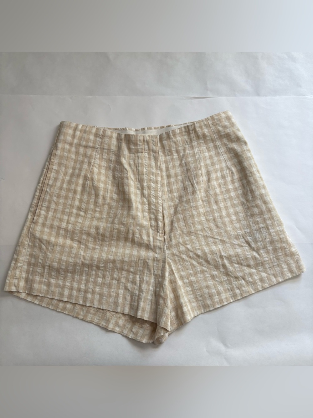 H&M Cream and Beige Gingham Linen-Blend Women's Shorts